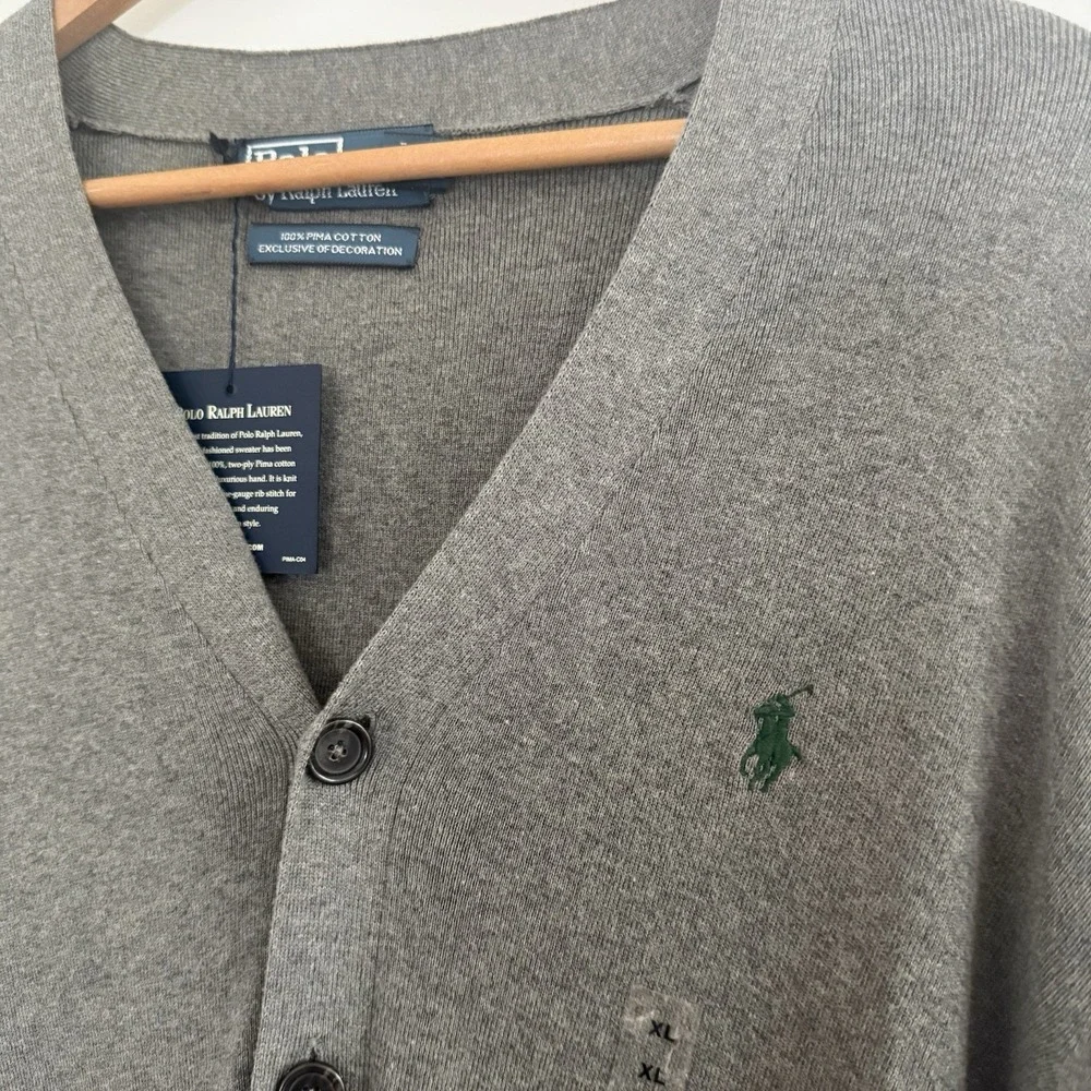 NWT Polo Ralph Lauren Mens the Pima Cotton Sweater XL Grey Button Up Pony Logo
